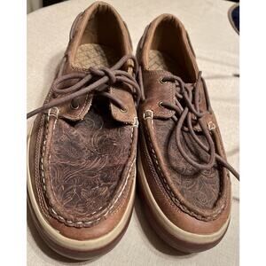 Durango Brown Leather Flats with Patterned Design